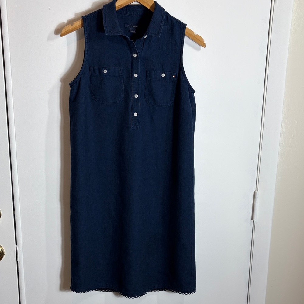 Tommy Hilfiger Linen Blend Denim Sleeveless Button Shirt Dress Size 4 Blue